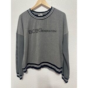 BCBGeneration Womens XL Gray Mesh Sleeve Logo Sweatshirt Striped Trim Pullover